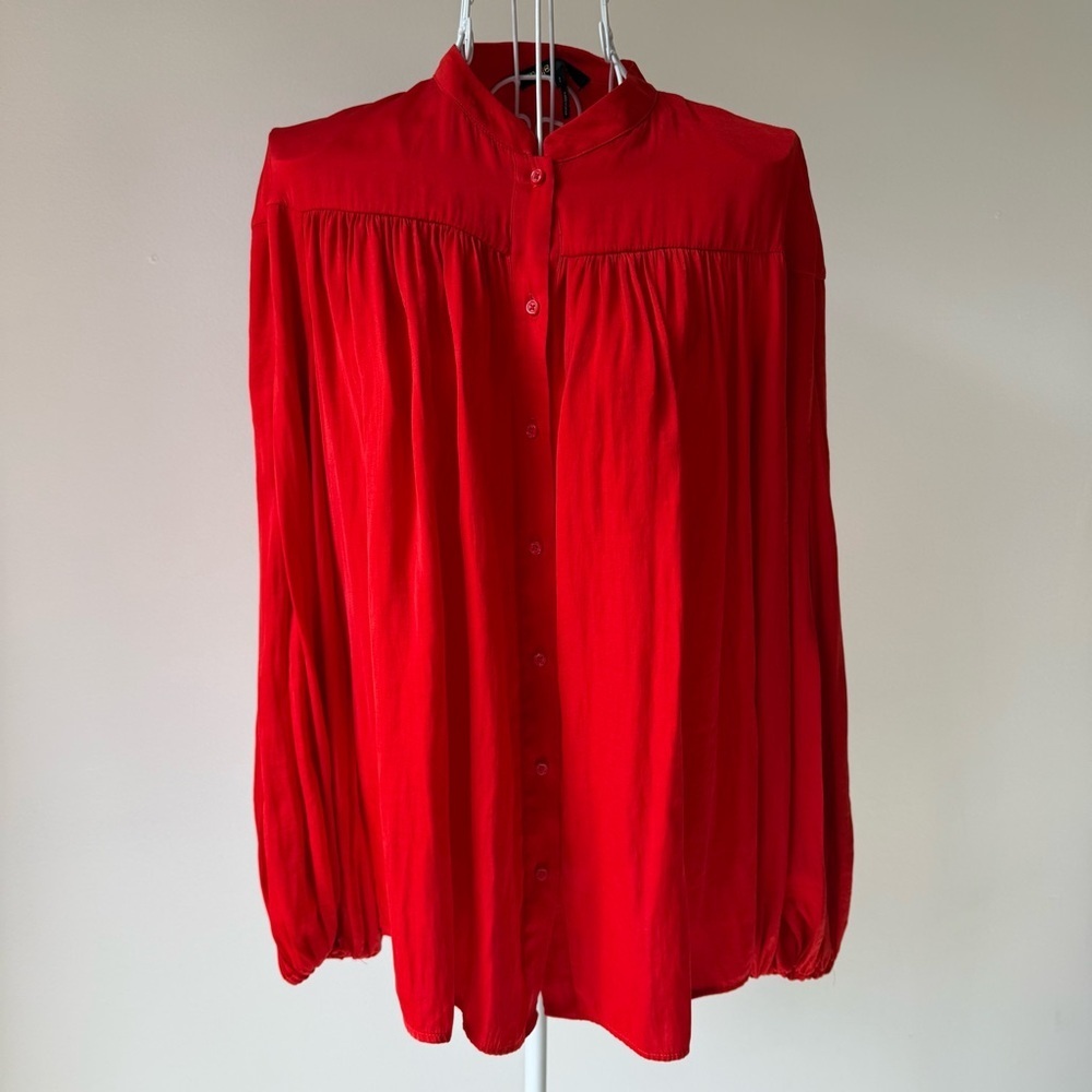 Maje Red Long Sleeve Button Front Blouse Pleated Lightweight Size 1 / US S